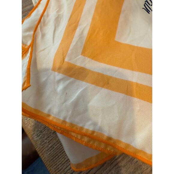 Vintage Miss Balmain Paris Large Silk Scarf Apricot Navy Blue - Picture 8 of 8